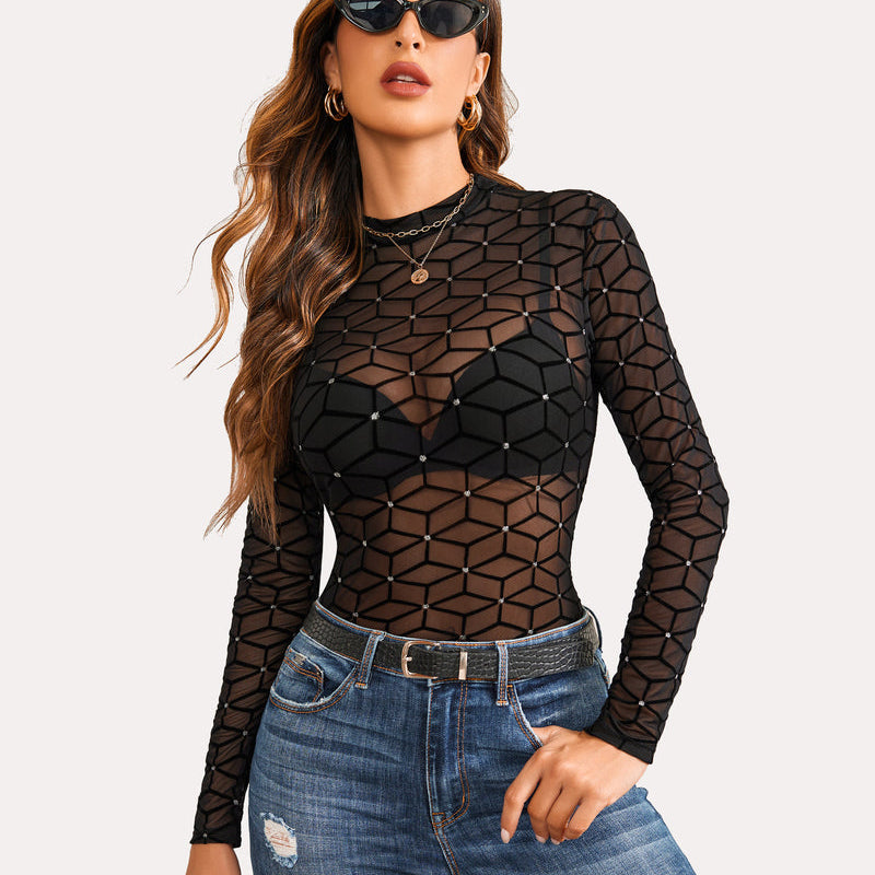 Geometric black mesh crop top with long sleeves and mock neck. Sensual lingerie for women.