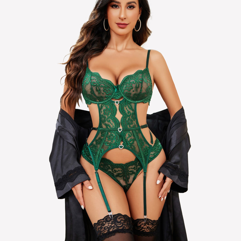 Green lace rhinestone corset with garter belt, lingerie set. Floral lace details, show curves.