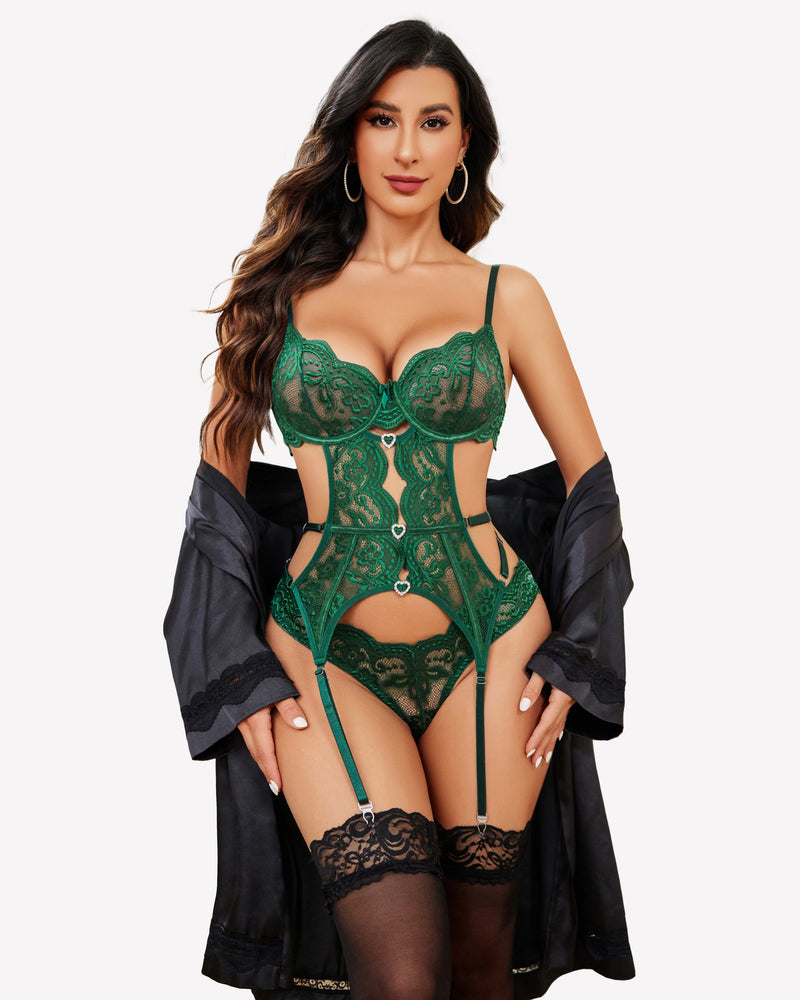 Green lace rhinestone corset with garter belt, lingerie set. Floral lace details, show curves.