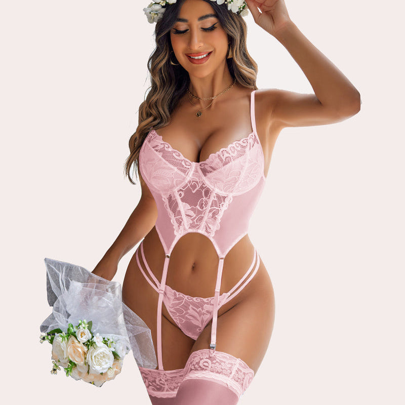 Pink lace underwire push-up corset bodysuit with garter straps and thigh-high stockings