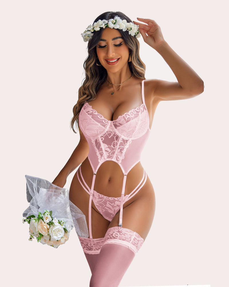 Pink lace bridal corset set with garter, bouquet, and floral crown. Sexy lingerie.