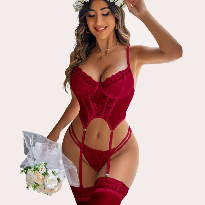 Wine red lace underwire push-up corset bodysuit with garter straps and thigh-high stockings