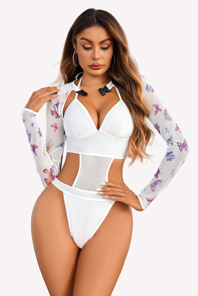Butterfly rave outfit: White halter top, thong bodysuit, and butterfly print shrug, sexy lingerie.