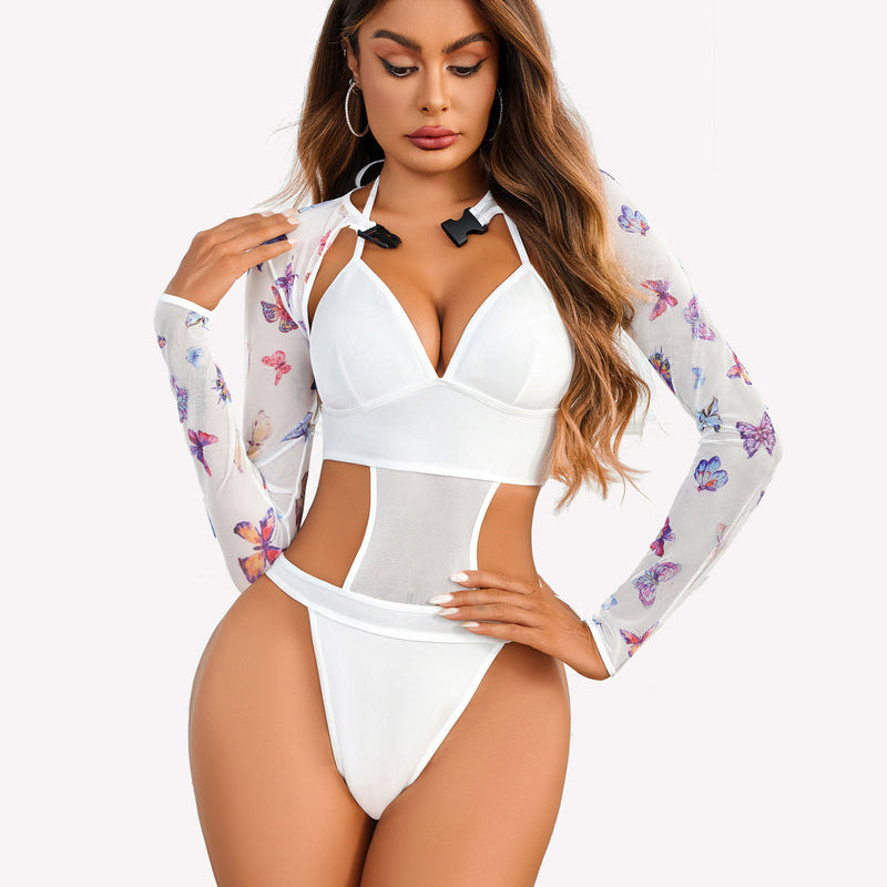 Butterfly rave outfit: White halter top, thong bodysuit, and butterfly print shrug, sexy lingerie.