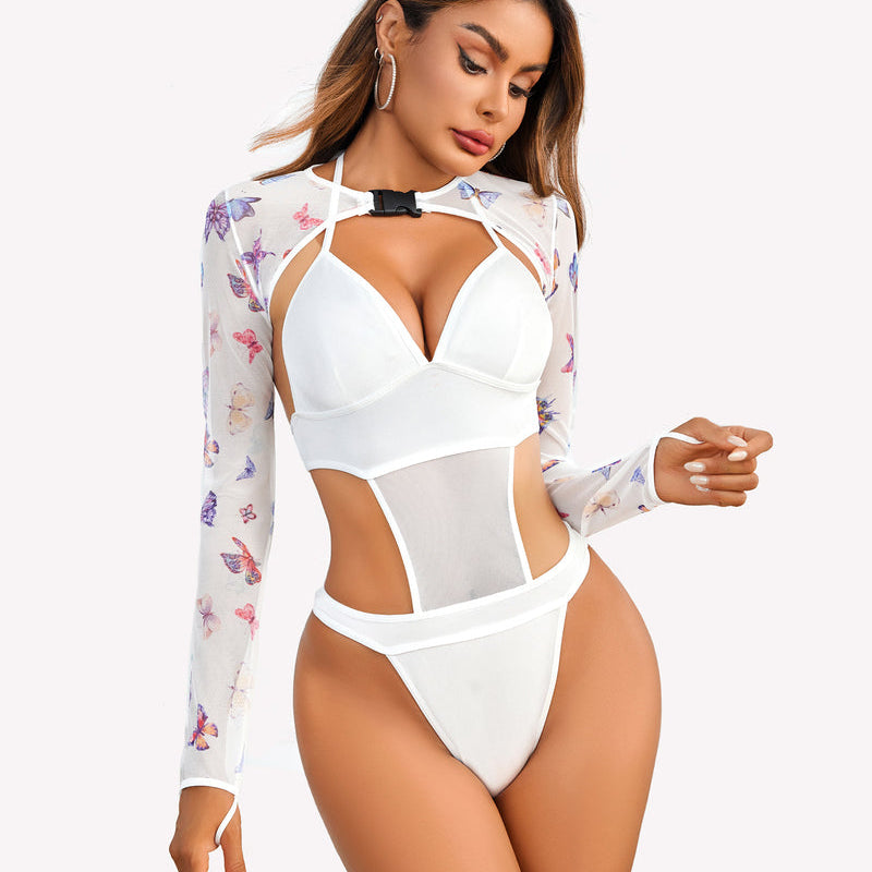 White Buckle Shrug Bodysuit Crop Top Set with mesh, halter, and buckle. Sexy lingerie.