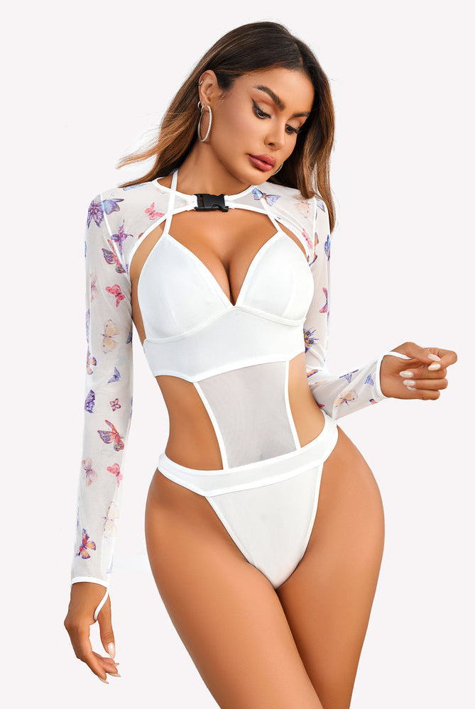 White Buckle Shrug Bodysuit Crop Top Set with mesh, halter, and buckle. Sexy lingerie.
