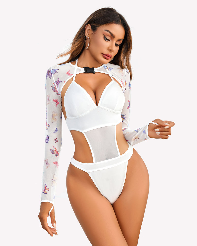 Butterfly Rave Outfits: White bodysuit with butterfly print crop top, perfect rave outfit.