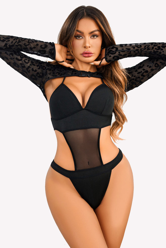 Black Butterfly Rave Outfit: Halter top, mesh bodysuit, and leopard shrug. Sexy rave lingerie.