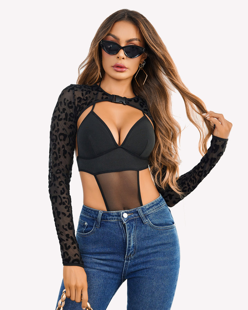 Butterfly Rave Outfit: Black bodysuit with leopard print shrug, perfect rave outfit.