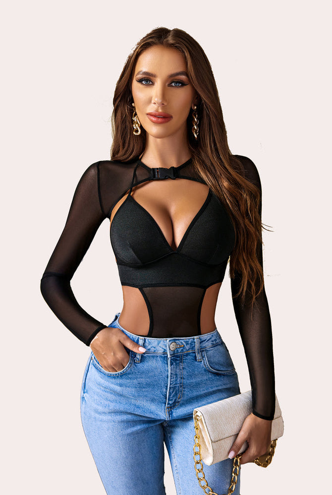 Black mesh buckle bodysuit, perfect for a confident rave look. Sexy lingerie, backless design.