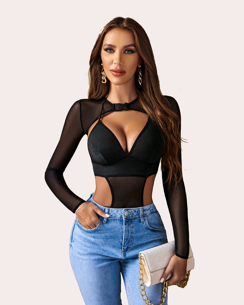 Black Buckle Shrug Bodysuit Crop Top Set, Sheer Mesh Halter Tie, and Buckle Closure