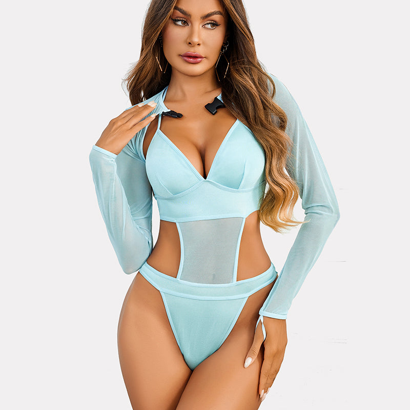 Light blue mesh rave outfit: halter bodysuit, long sleeves, and buckle details. Sexy lingerie.
