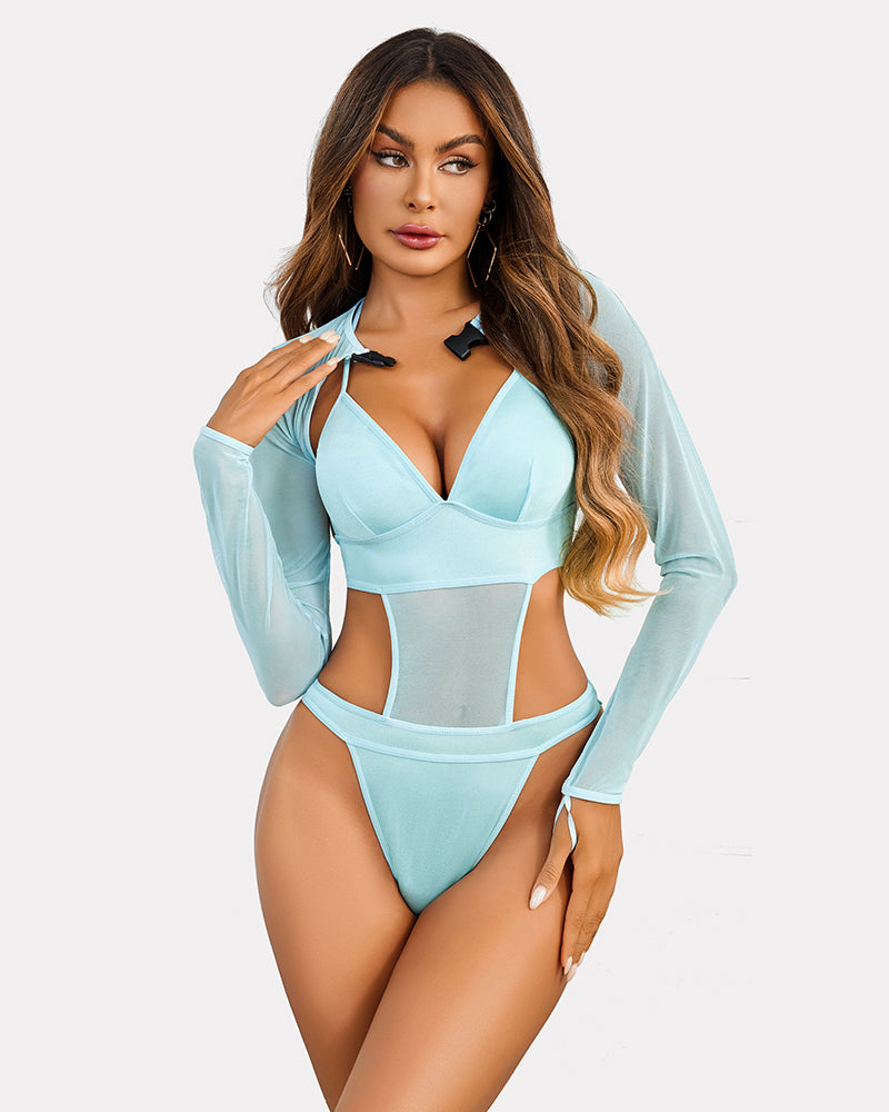 Light blue mesh rave outfit: halter bodysuit, long sleeves, and buckle details. Sexy lingerie.