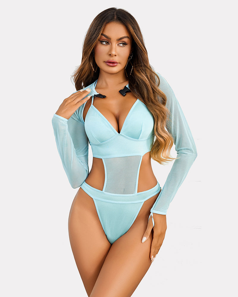 Light blue bodysuit lingerie set with mesh shrug, halter tie and buckle closure. Sexy lingerie.