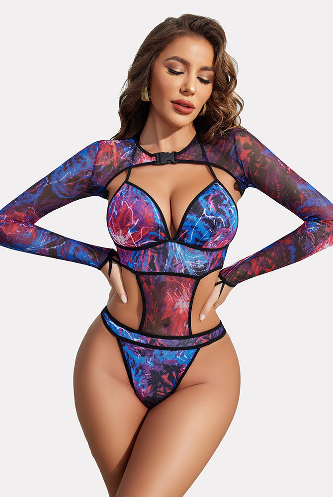 Marble print rave outfit: Halter bodysuit, mesh shrug with buckle. Sexy lingerie for raves.