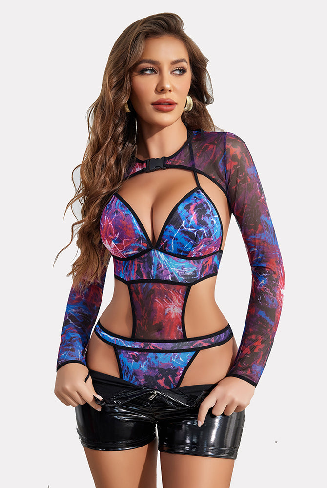 Marble print rave outfit set with halter bodysuit, mesh shrug, buckle, and thong. Sexy lingerie.