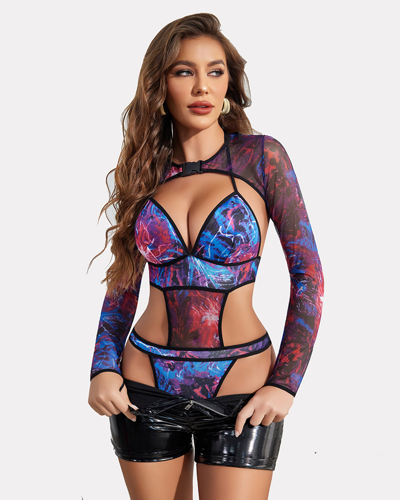 Marble print rave outfit set with halter bodysuit, mesh shrug, buckle, and thong. Sexy lingerie.