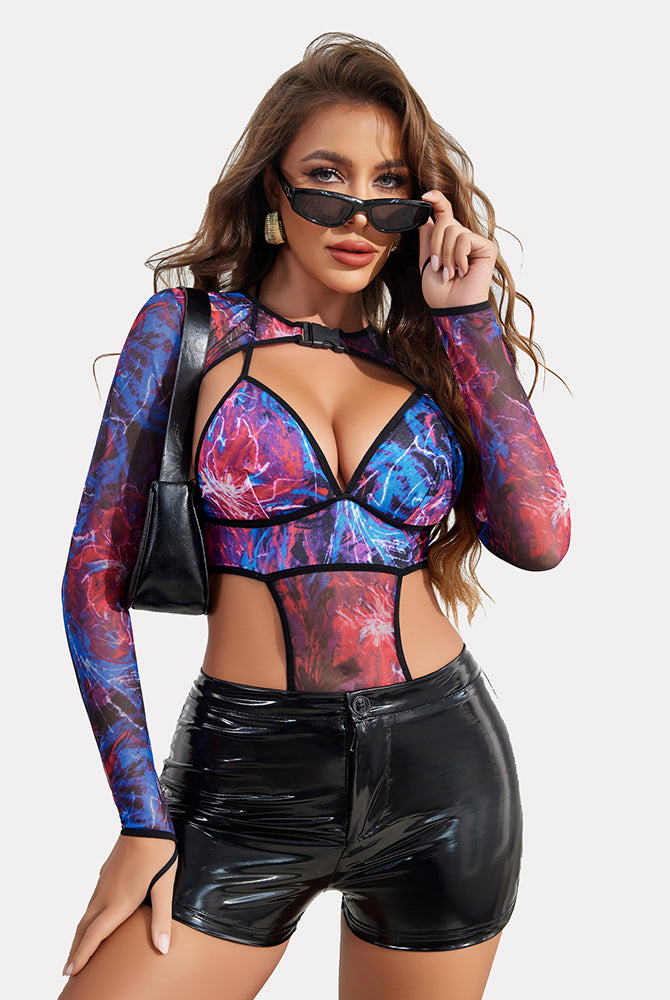 Butterfly rave outfit with mesh shrug, buckle bodysuit, and black shorts. Sexy lingerie for raves.