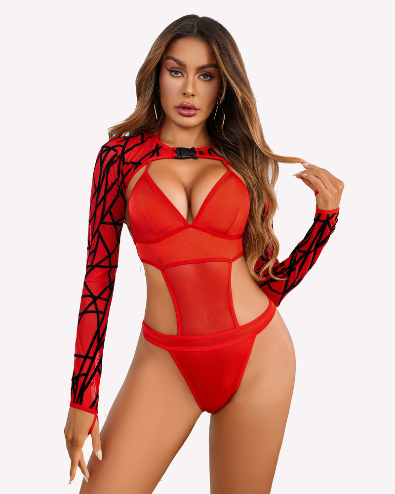 Red Buckle Shrug Bodysuit Crop Top Set with Sheer Mesh Halter Tie. Sexy lingerie.