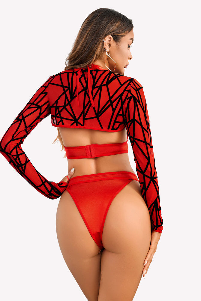 Red buckle shrug bodysuit crop top set with sheer mesh detail. Sexy lingerie.