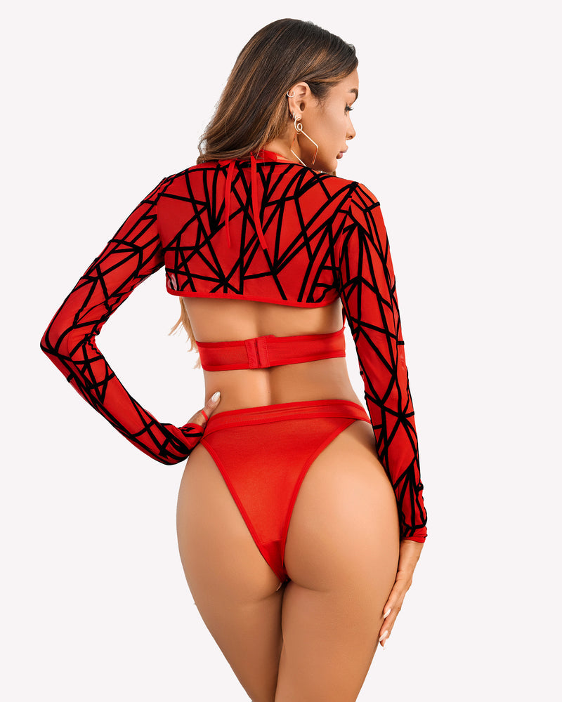 Red buckle shrug bodysuit crop top set with sheer mesh detail. Sexy lingerie.