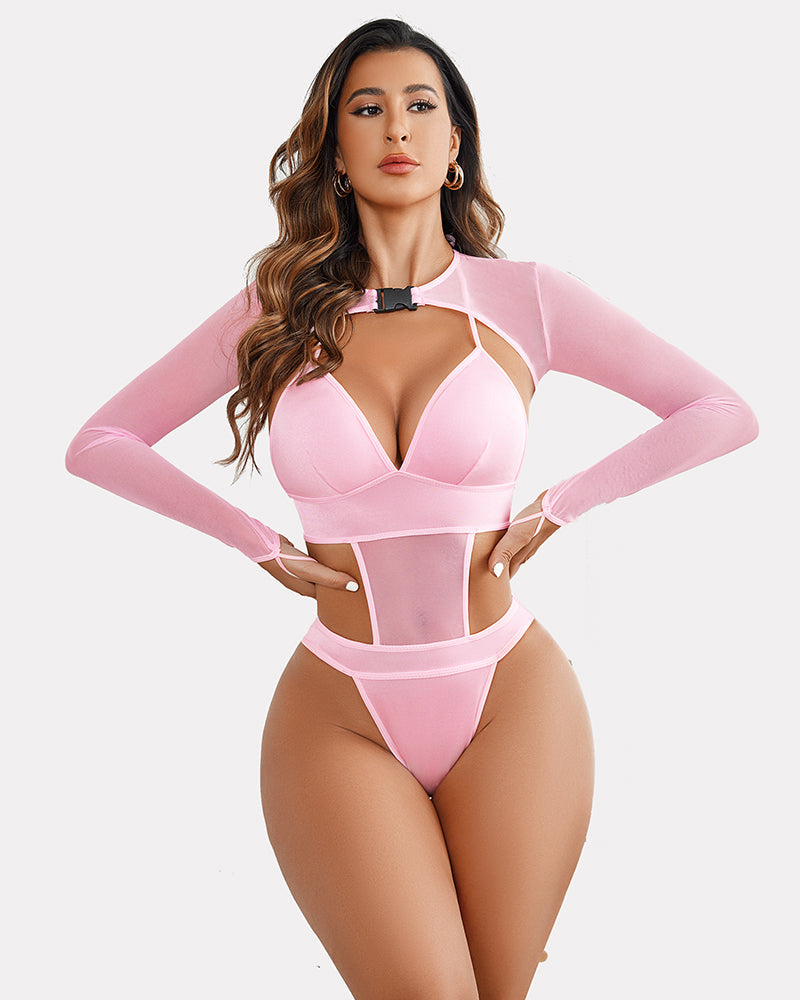 Pink Buckle Shrug Bodysuit & Crop Top Set with sheer mesh. Stylish, sexy lingerie.