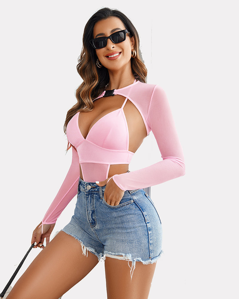 Pink Buckle Shrug Bodysuit Crop Top Set, Sheer Mesh Halter Tie and Buckle, Lingerie.