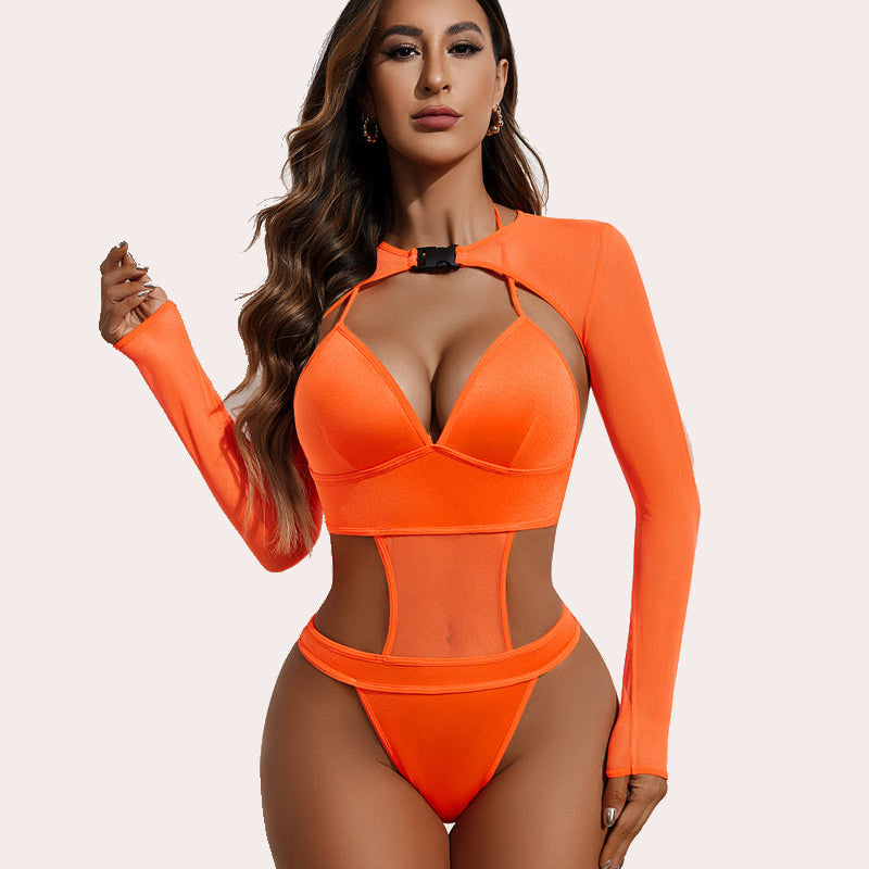 Orange rave outfit set: Halter bodysuit, mesh shrug with buckle, sexy rave lingerie.