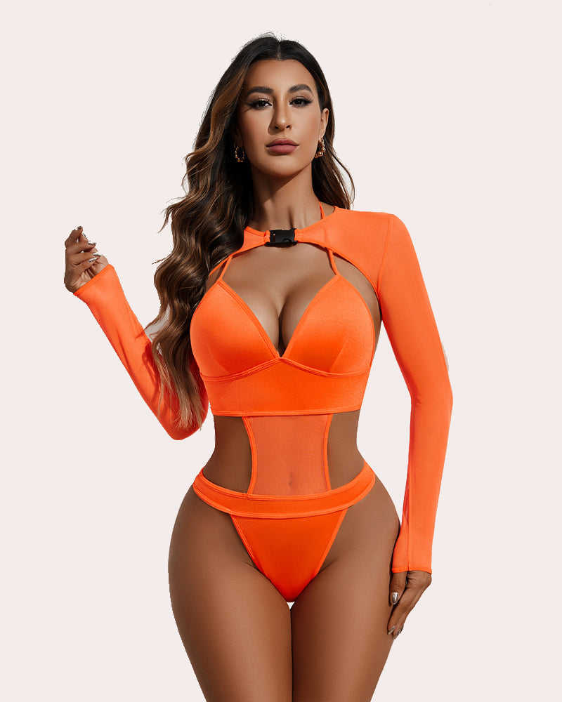 Orange buckle shrug bodysuit crop top set with mesh and halter tie. Sexy lingerie.