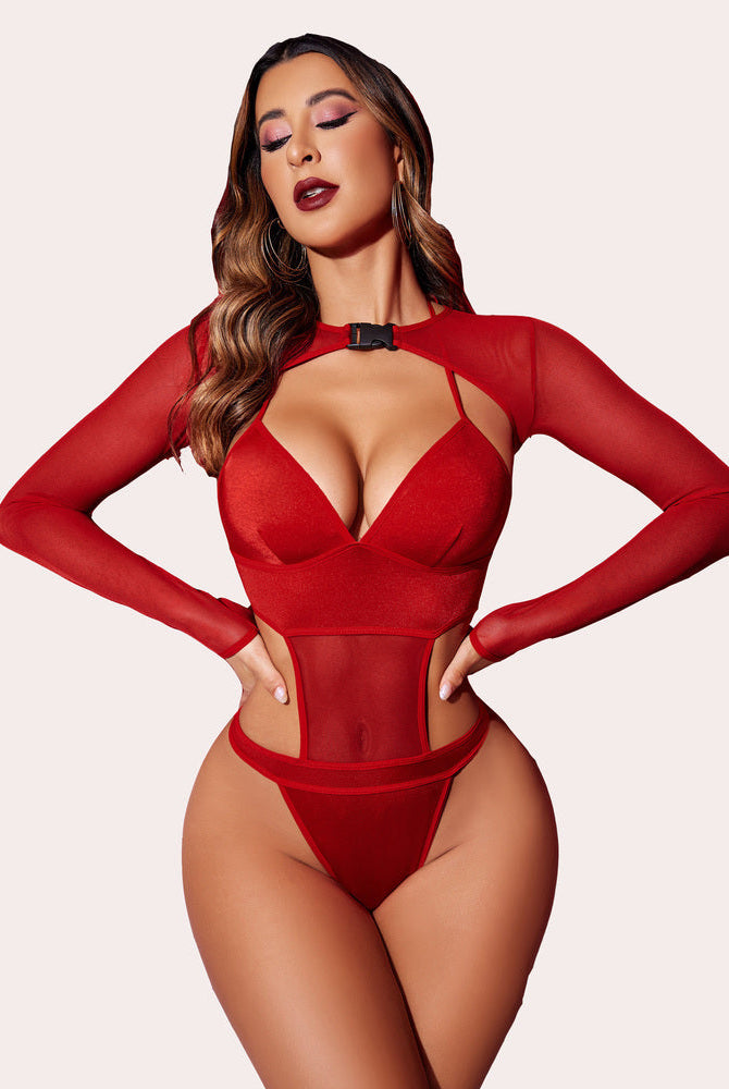 Red mesh buckle bodysuit rave outfit, halter and thong design, perfect for confident looks.