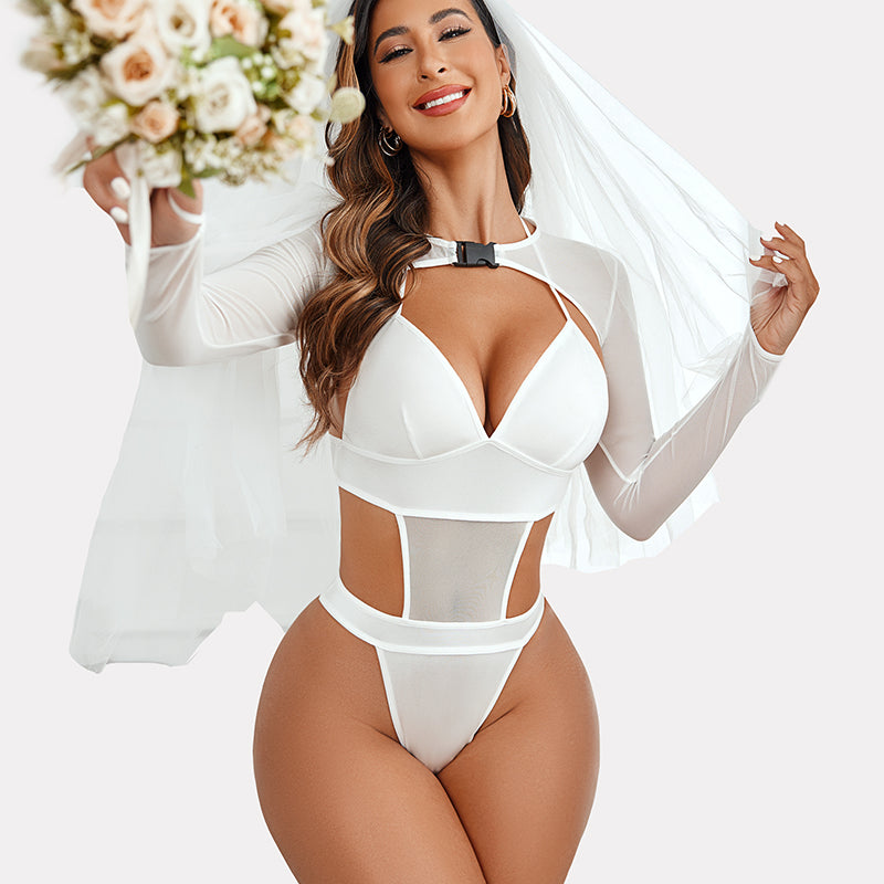 White lingerie Buckle Shrug Bodysuit Crop Top Set with mesh, halter, and buckle; bridal look.