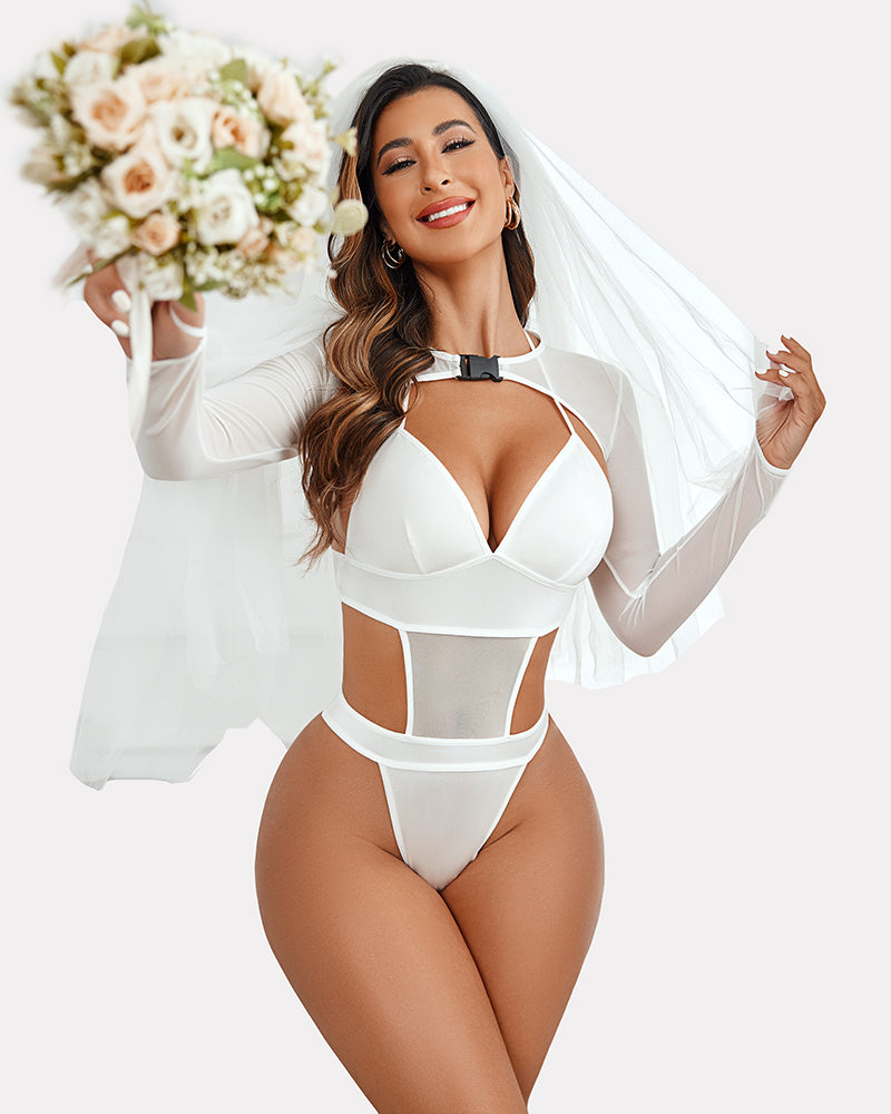 White lingerie Buckle Shrug Bodysuit Crop Top Set with mesh, halter, and buckle; bridal look.