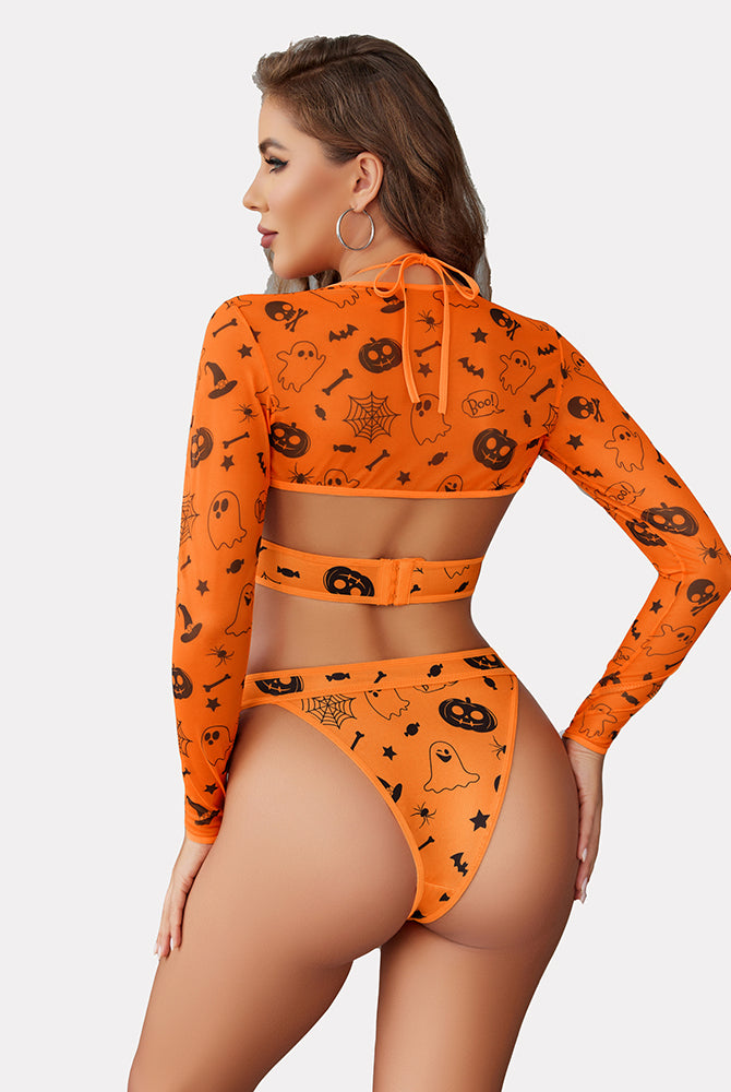 Orange Halloween rave set with black spooky prints. Halter bodysuit, mesh shrug, sexy lingerie.