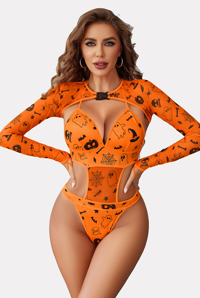 Orange Halloween rave outfit: Halter bodysuit and mesh shrug with spooky prints. Sexy lingerie.