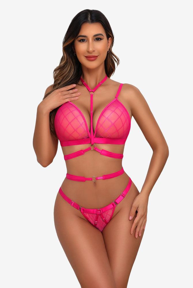 Pink fishnet halter bra and thong lingerie set with diamond mesh. Sexy two-piece, o-ring details