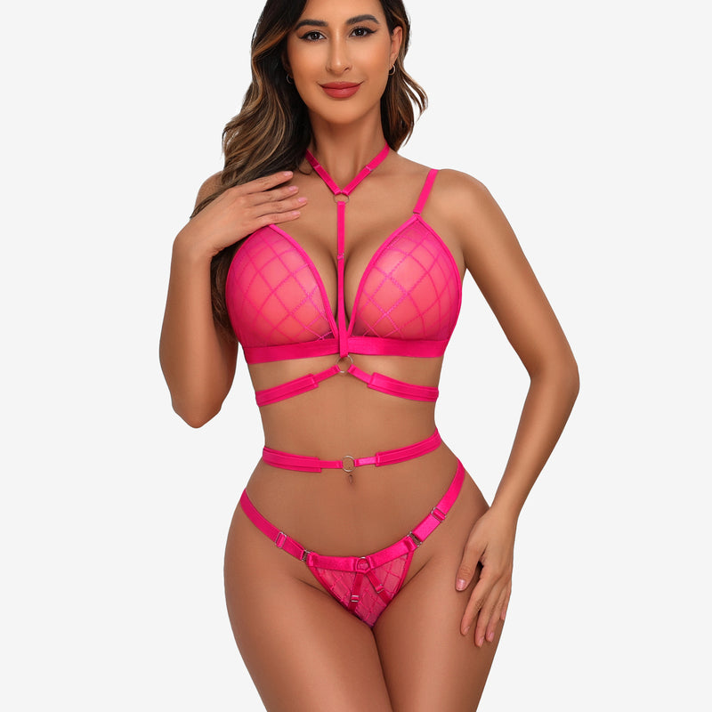 Pink fishnet halter bra and thong lingerie set with diamond mesh. Sexy two-piece, o-ring details