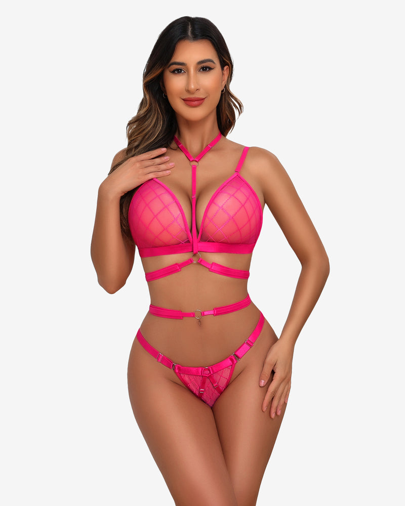 Pink fishnet halter bra and thong lingerie set with diamond mesh. Sexy two-piece, o-ring details