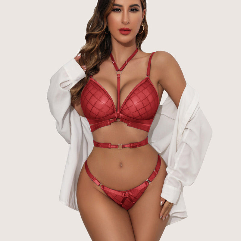 Red halter bra and thong lingerie set with diamond stitch. Sexy two piece, O-ring details. For women