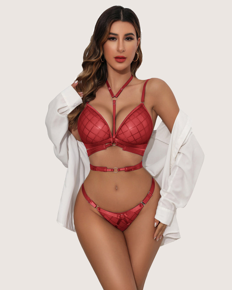 Red halter bra and thong lingerie set with diamond stitch. Sexy two piece, O-ring details. For women
