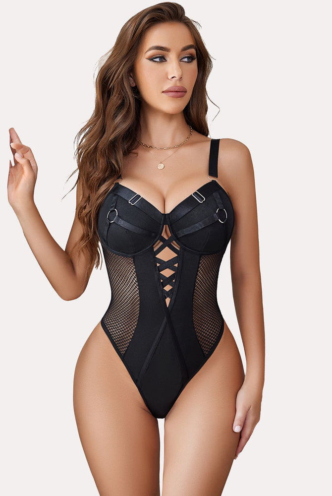 Black lace bodysuit with snap crotch, strappy front, underwire cups and mesh details