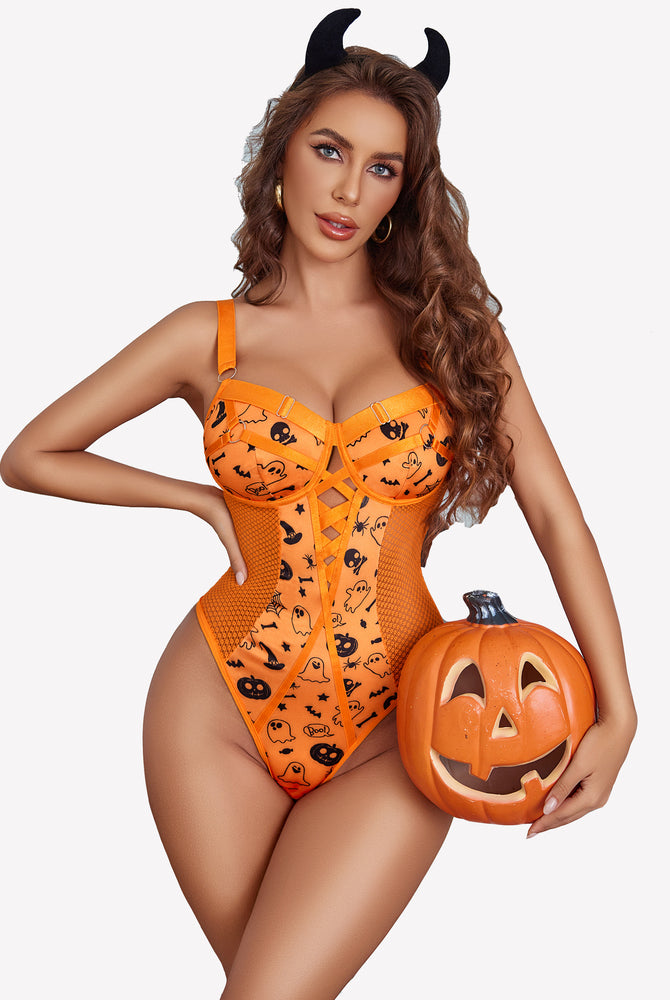 Halloween orange lace bodysuit with strappy front, mesh details; sexy lingerie