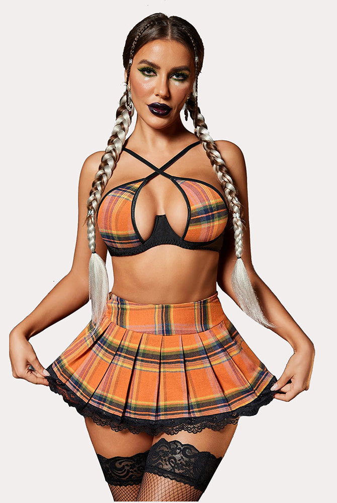 Orange plaid mini skirt set with criss-cross bra and lace trim, sexy lingerie for women, Avidlove