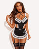 French Maid Lace Teddy in black with white lace trim, includes apron and choker; sexy lingerie