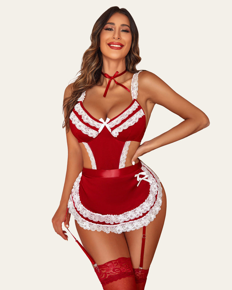 Red French maid lingerie with white lace trim, choker, apron, and garter straps; sexy outfit.