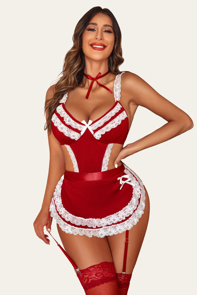 Sexy red maid cosplay outfit with lace trim, apron, and garter belts; lingerie set