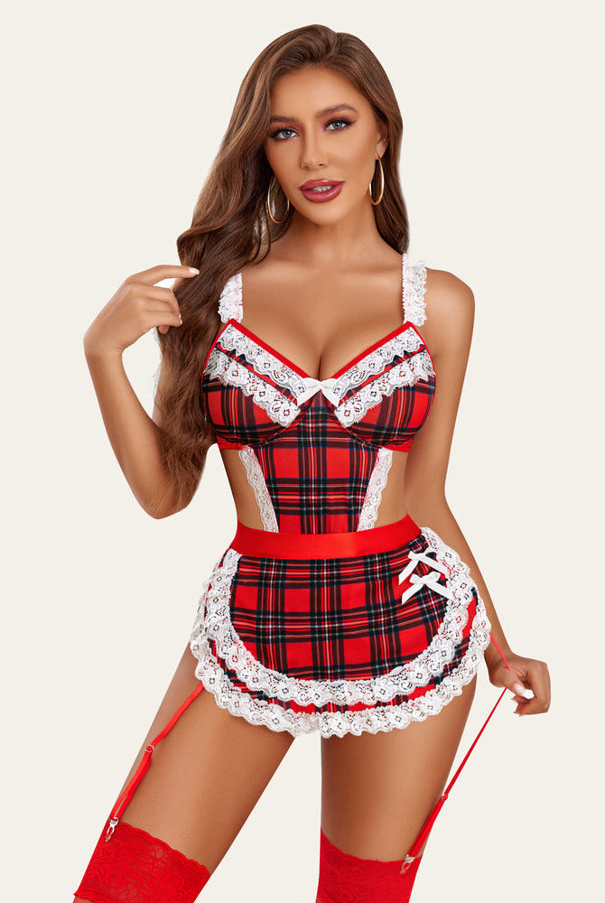 Red plaid maid cosplay outfit with lace trim, apron, and stockings. Sexy and cute.