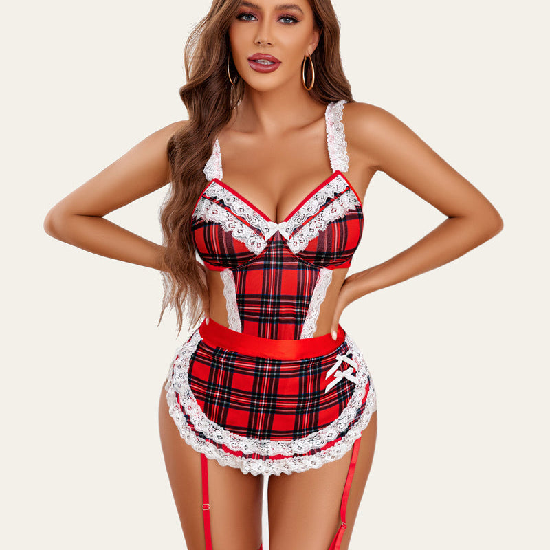 Red plaid maid cosplay lingerie set with lace trim and apron; sexy outfit.