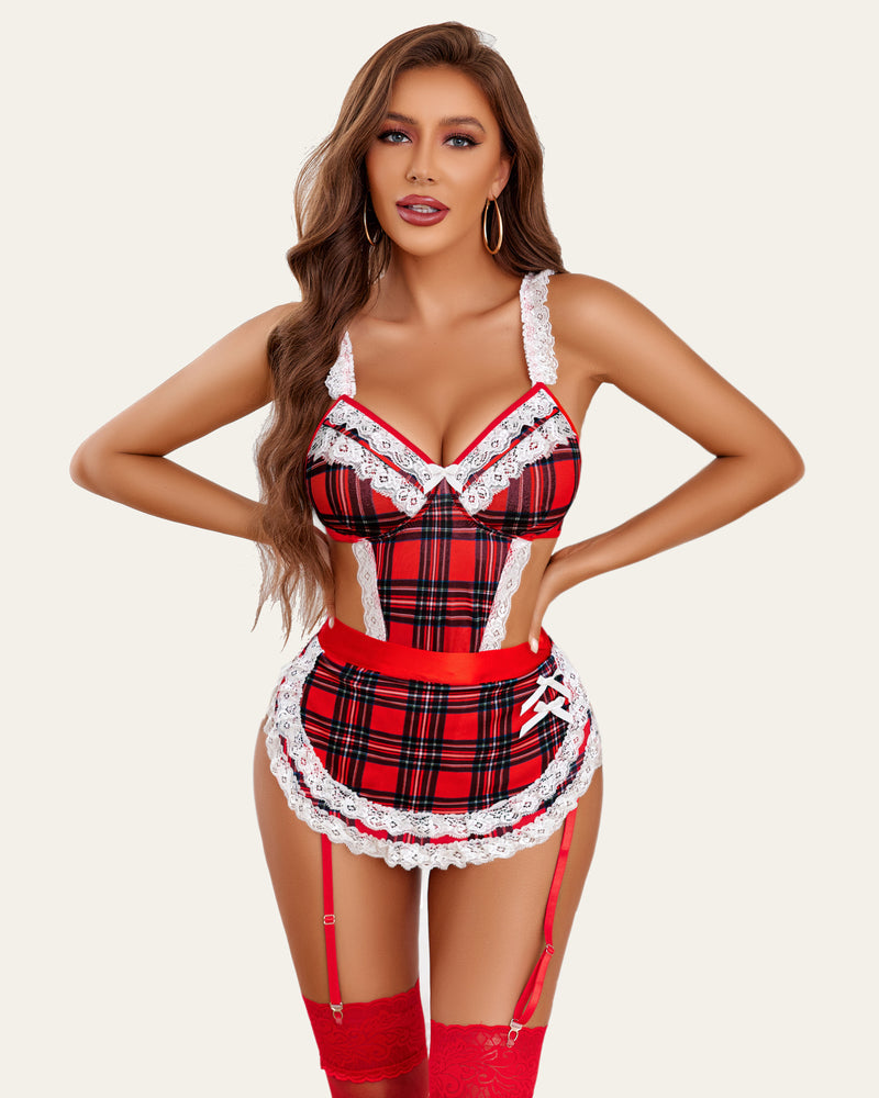 Red plaid maid cosplay lingerie set with lace trim and apron; sexy outfit.