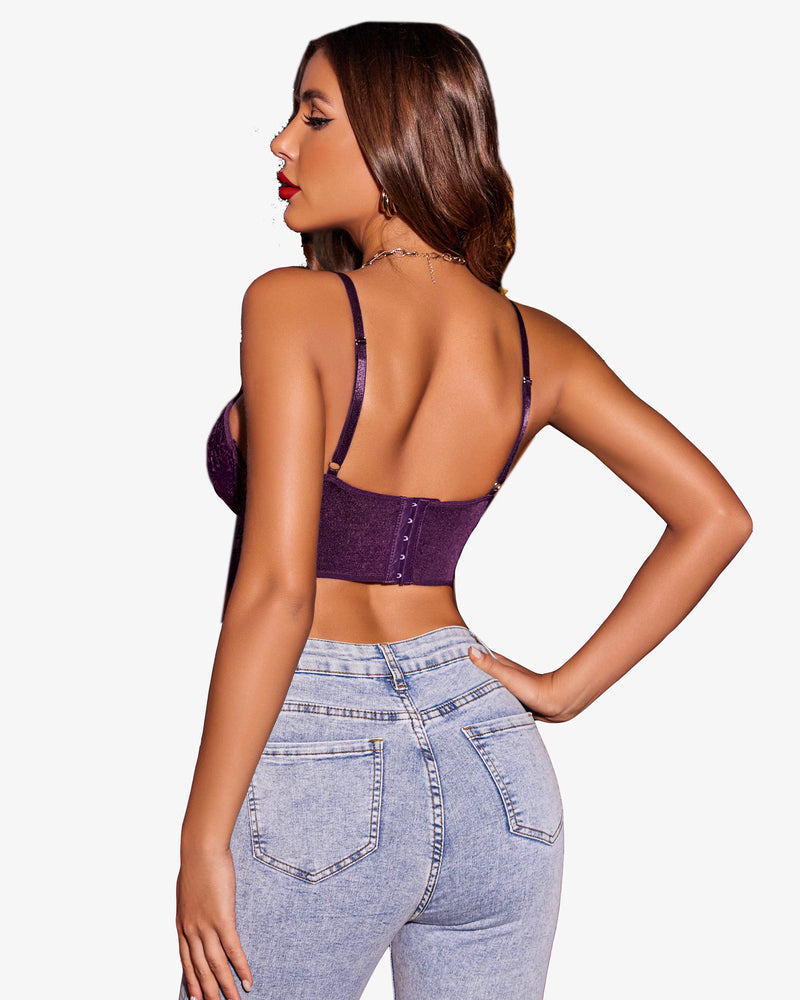 Purple lace bustier cami top, model in jeans, lingerie style and adjustable straps, Avidlove
