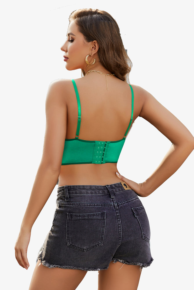 Green lace bustier cami top, back view on model, adjustable straps, lingerie style by Avidlove.